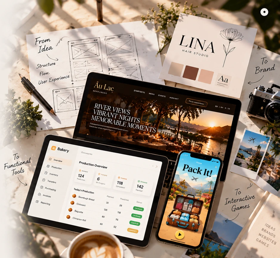 Sketches, the Lina brand card and the Âu Lac website, Bakery dashboard and Pack It! game on a table, with notes: from idea to brand, to functional tools, to interactive games.