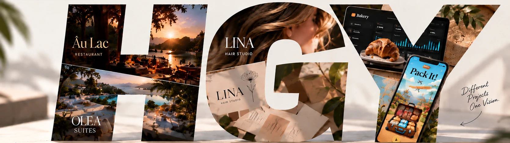 The letters HGY filled with the projects: Âu Lac restaurant, Olea suites, Lina hair studio, the Bakery platform and the Pack It! game.