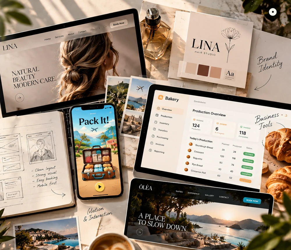 A desk with project work: the Lina website and brand, the Pack It! game, the Bakery dashboard and the Olea website, with sketches and notes for web design, brand identity, motion and business tools.